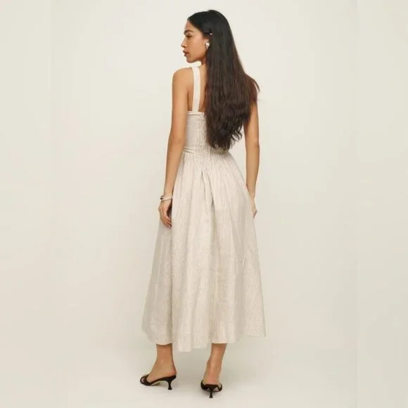 Reformation Balia Linen Midi Dress in Sandy Stripe | size 0 - Picture 2 of 10